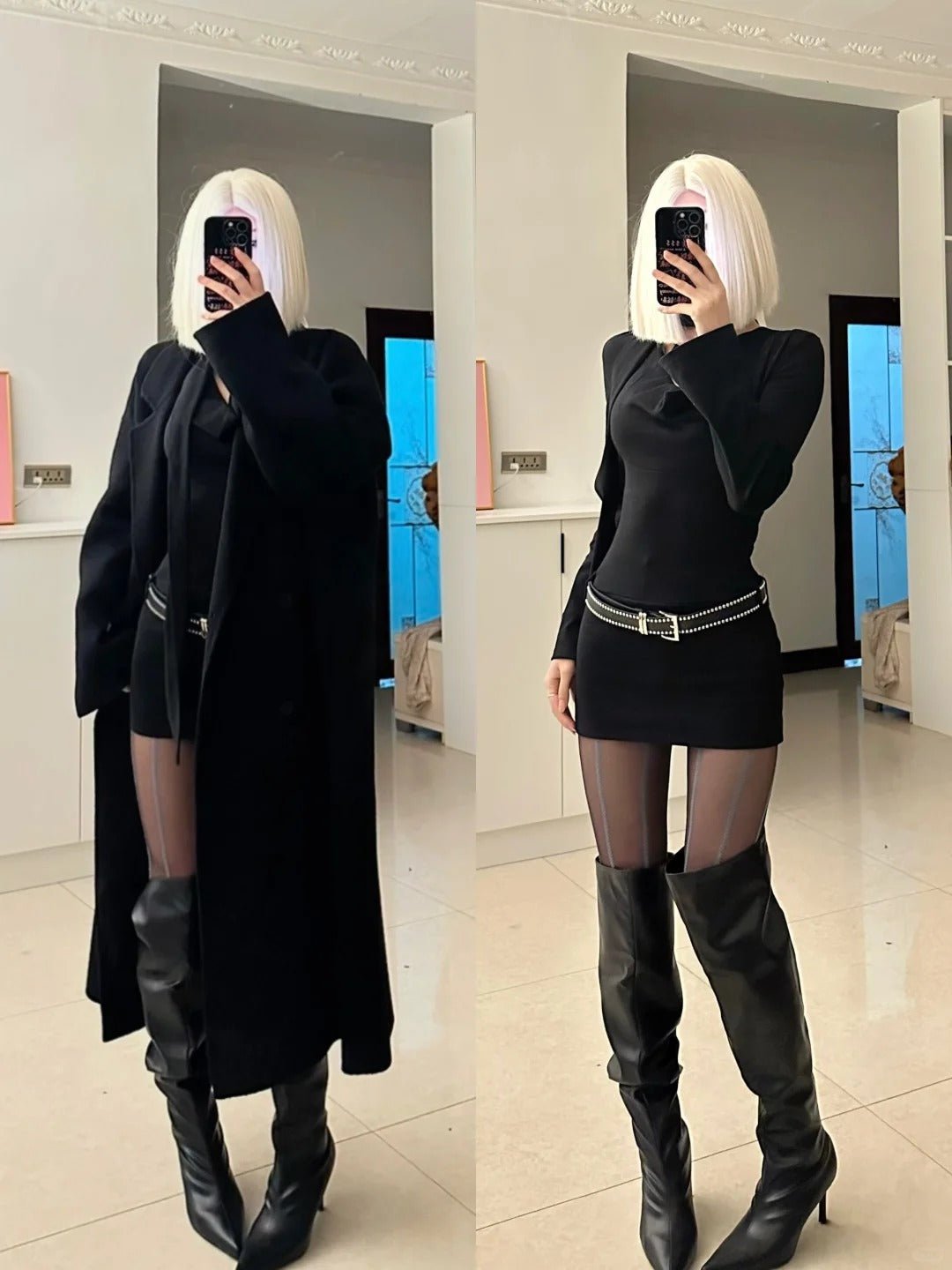 Black Long Coat with Top and Mini Skirt Y2K Three - Piece Set - tutufox -