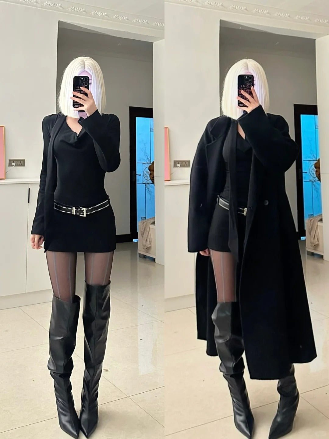 Black Long Coat with Top and Mini Skirt Y2K Three - Piece Set - tutufox -
