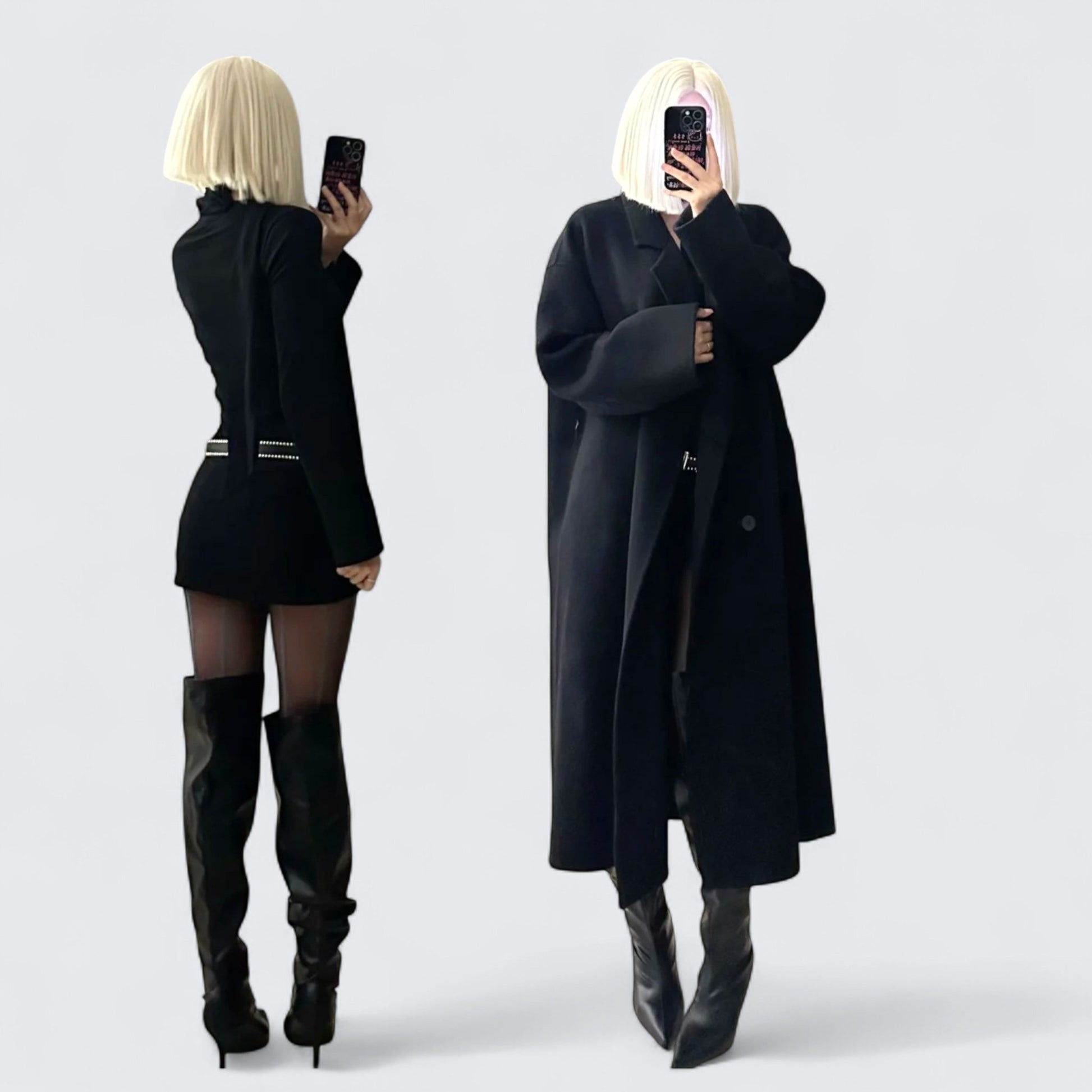Black Long Coat with Top and Mini Skirt Y2K Three - Piece Set - tutufox -