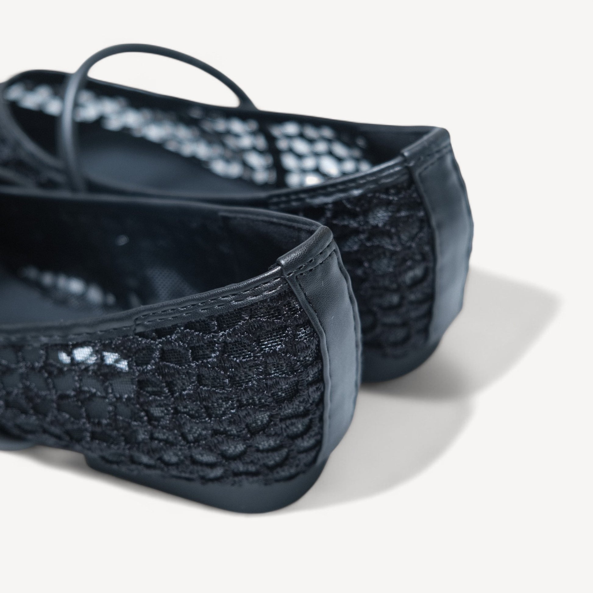 black mary jane almond toe flats sandals heel detail