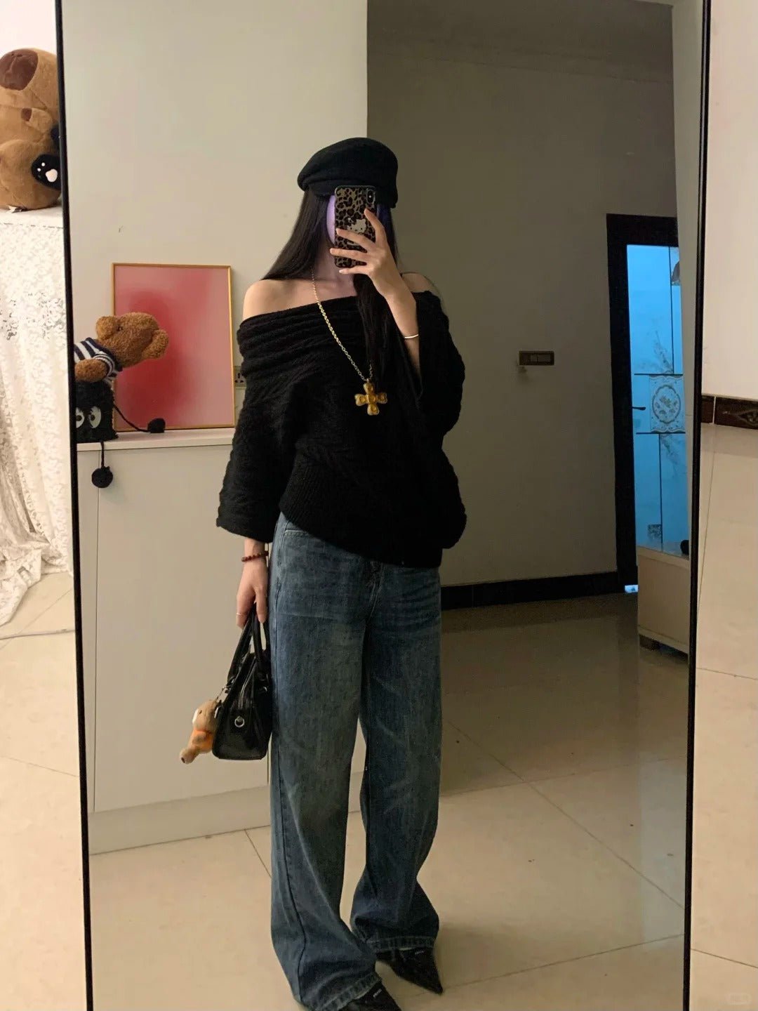 Black Off - Shoulder Knit Top and Blue Jeans Y2K Outfit - tutufox -
