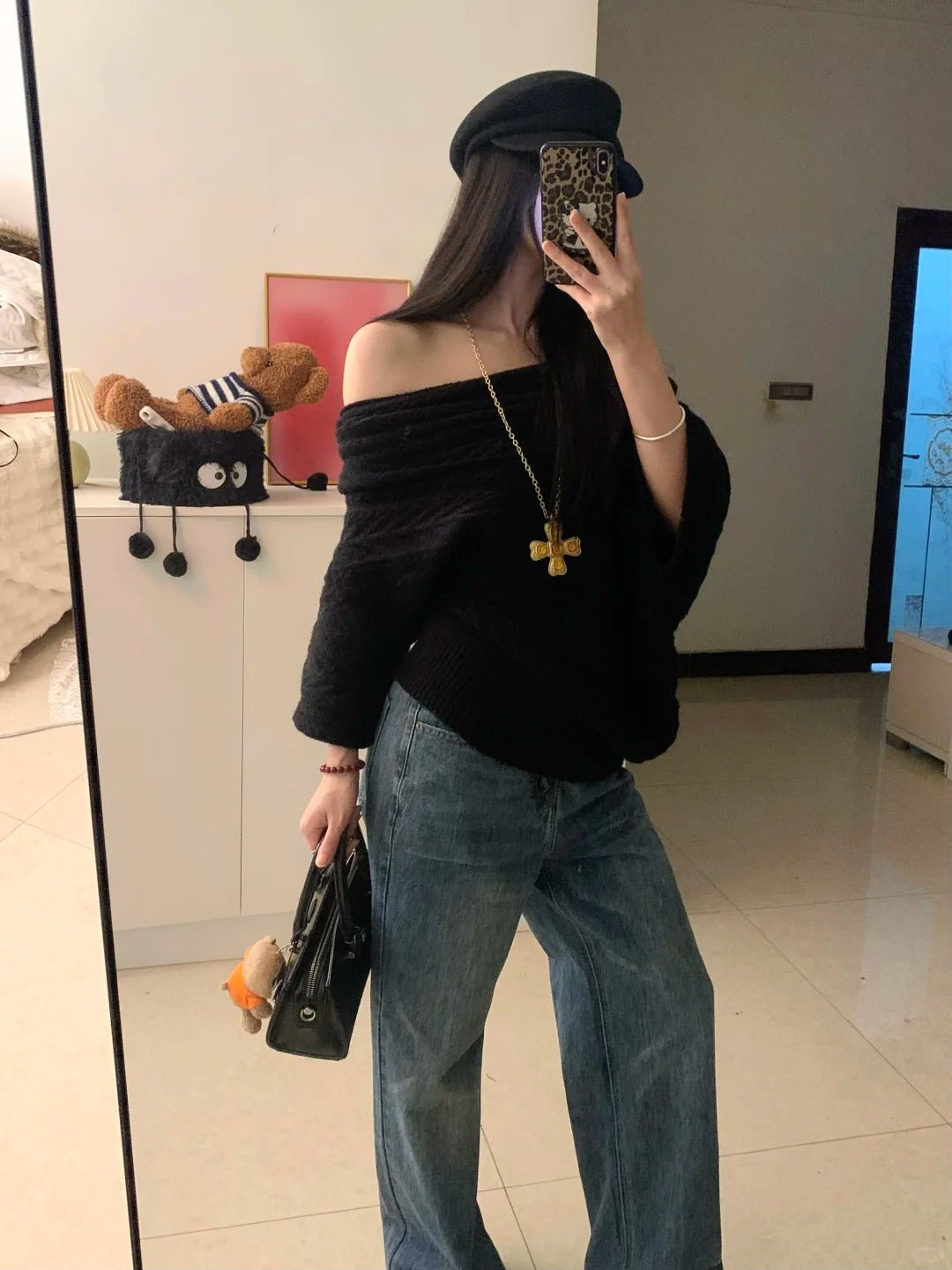 Black Off - Shoulder Knit Top and Blue Jeans Y2K Outfit - tutufox -