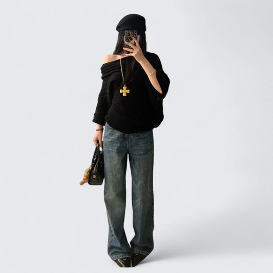 Black Off - Shoulder Knit Top and Blue Jeans Y2K Outfit - tutufox -