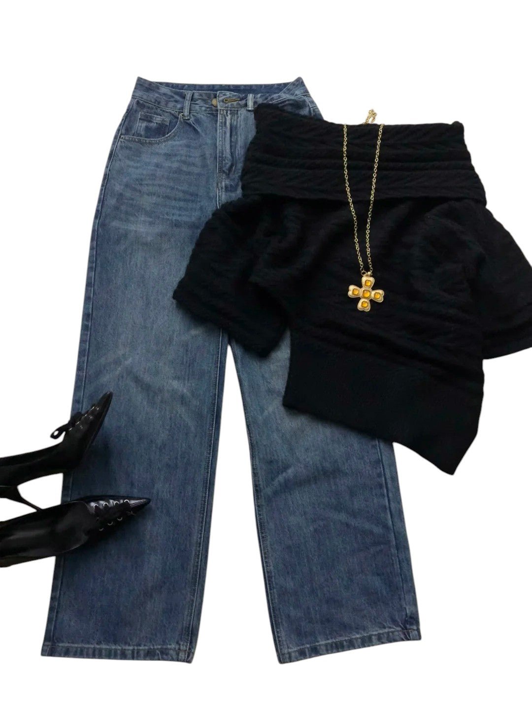 Black Off - Shoulder Knit Top and Blue Jeans Y2K Outfit - tutufox -
