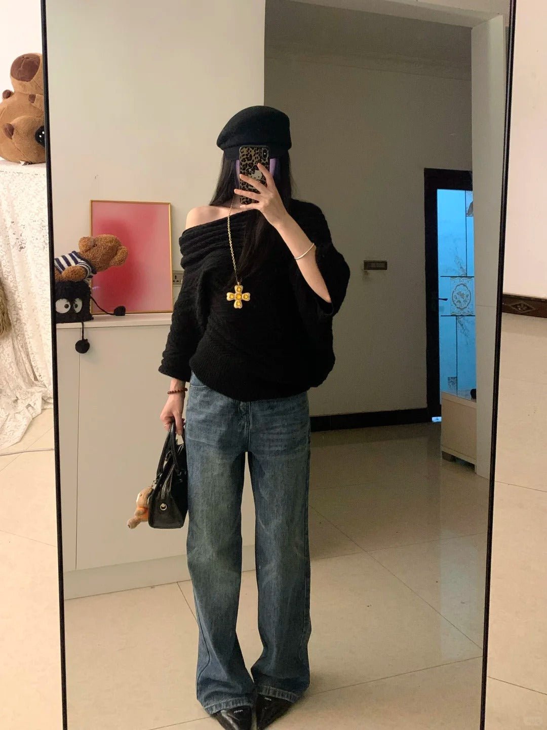 Black Off - Shoulder Knit Top and Blue Jeans Y2K Outfit - tutufox -