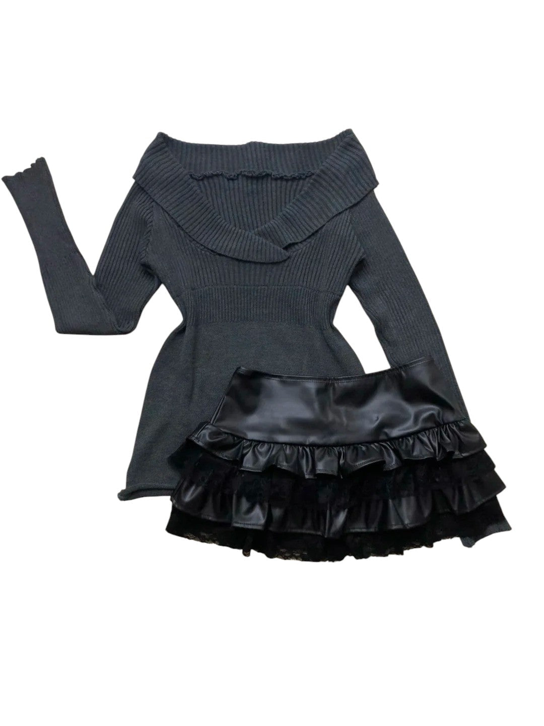 Black Off - Shoulder Knit Top with Leather Ruffle Skirt Y2K Two - Piece Set - tutufox -