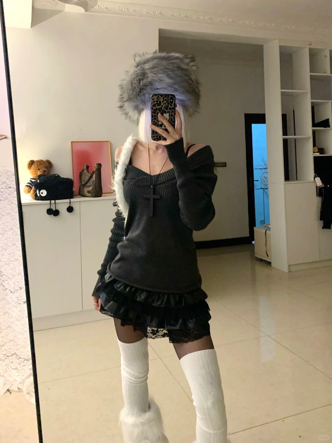Black Off - Shoulder Knit Top with Leather Ruffle Skirt Y2K Two - Piece Set - tutufox -