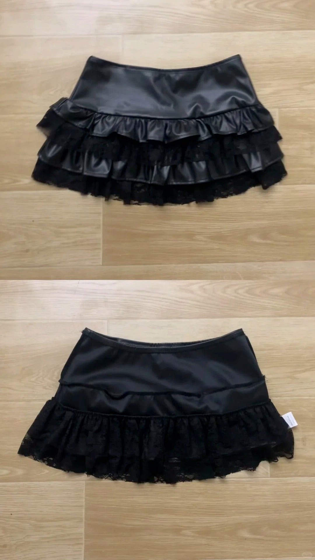 Black Off - Shoulder Knit Top with Leather Ruffle Skirt Y2K Two - Piece Set - tutufox -