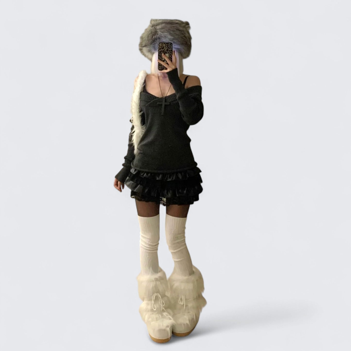 Black Off - Shoulder Knit Top with Leather Ruffle Skirt Y2K Two - Piece Set - tutufox -