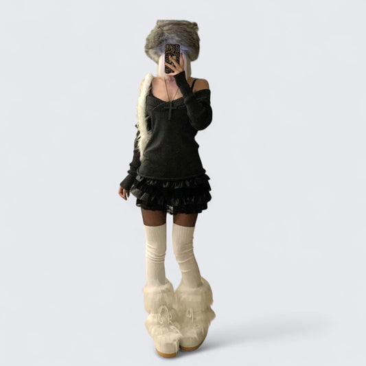 Black Off - Shoulder Knit Top with Leather Ruffle Skirt Y2K Two - Piece Set - tutufox -