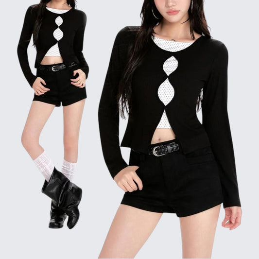 Black Patchwork Fake Two-Piece Long-Sleeve Knitted Sweater For Women - Spring & Autumn