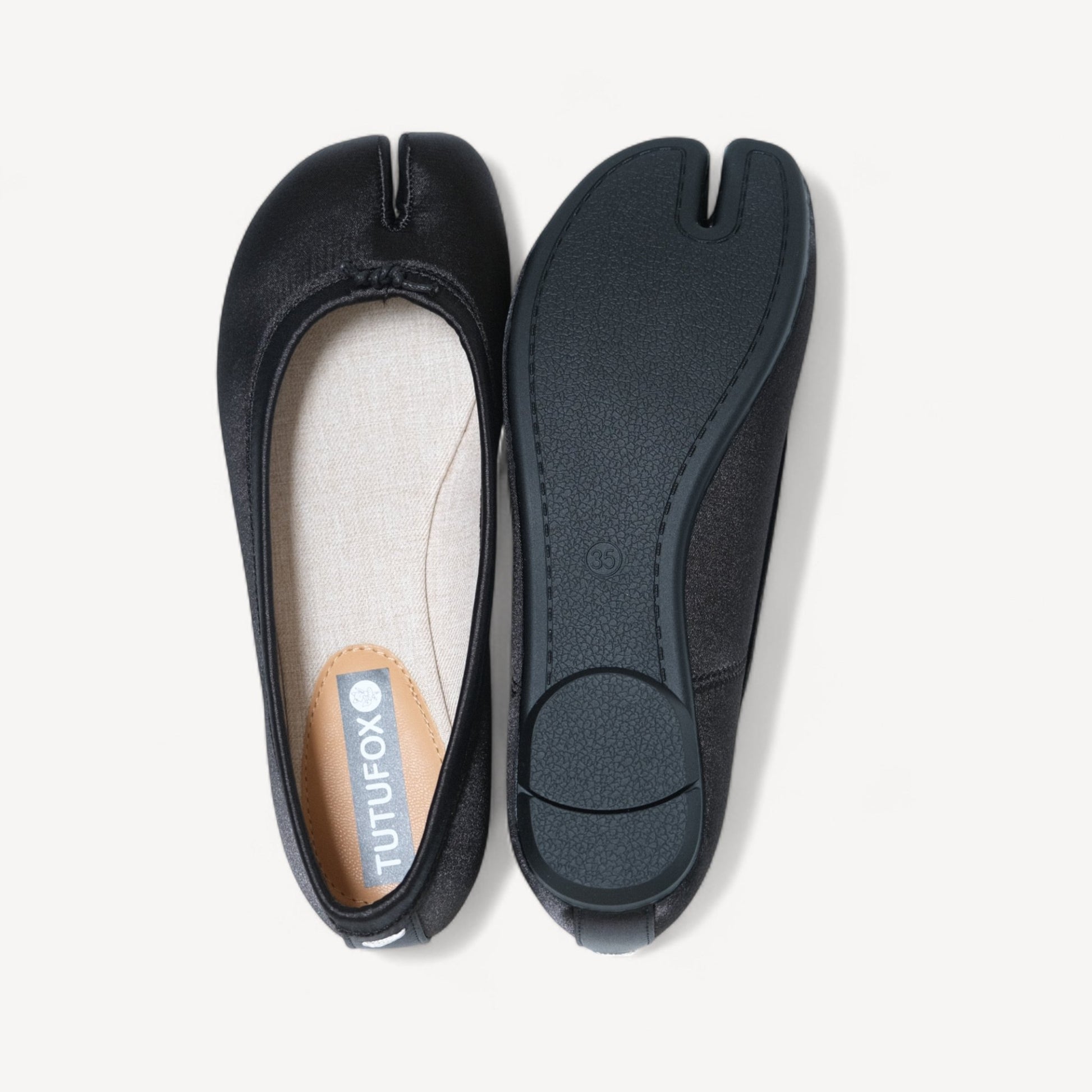 Black Satin Round Toe Split Tabi Flats - tutufox - tabis
