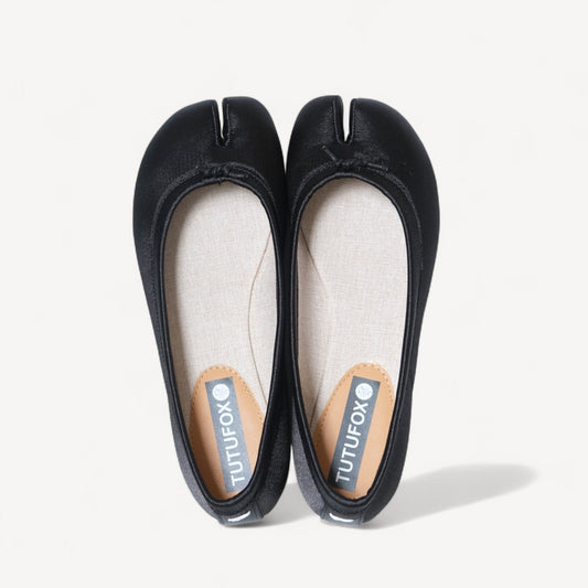 Black Satin Round Toe Split Tabi Flats - tutufox - tabis