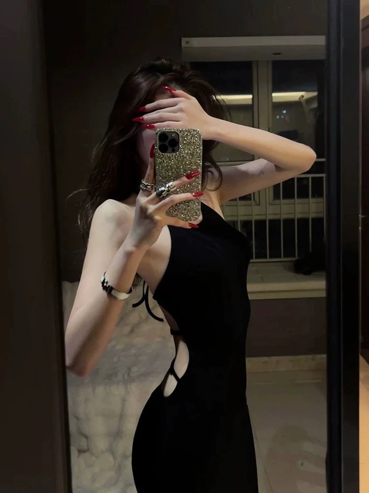 Black Sexy Backless Halter Spaghetti - Strap Beach Vacation Bodycon Midi Dress - tutufox -