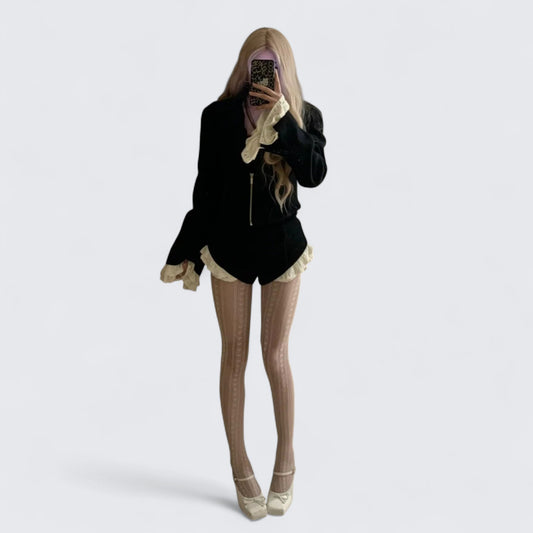 Black Short Blazer with Lace Cuffs and Mini Shorts Y2K Two Piece Sets - tutufox -