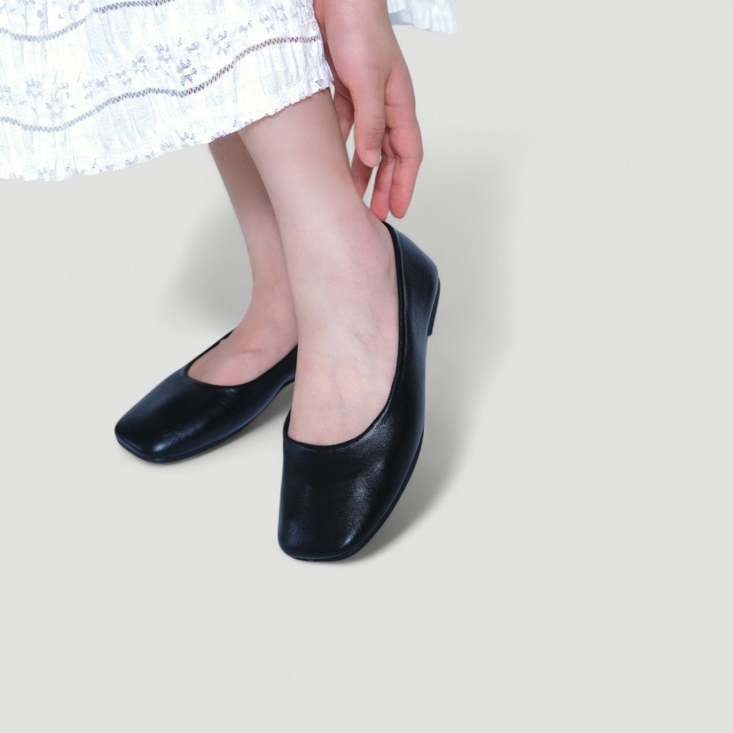 leather square toe flats _black model details view