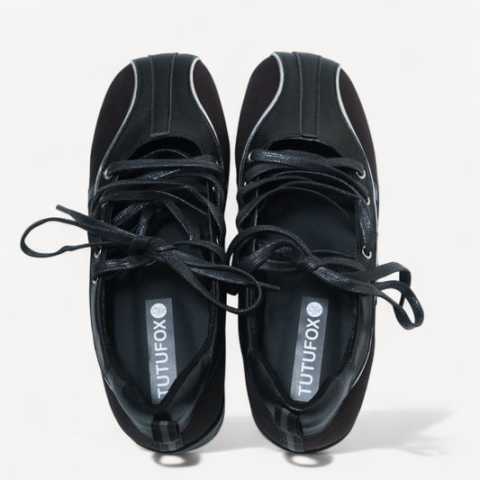 Black Soft Leather Square Toe Balletsneaker Flats - tutufox - shoes