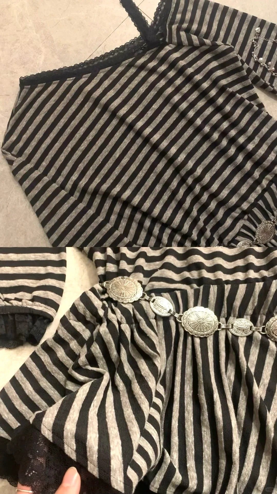 Black Striped Off Shoulder Long Sleeve Top and Lace Mini Skirt Y2K Two Piece Sets - tutufox -