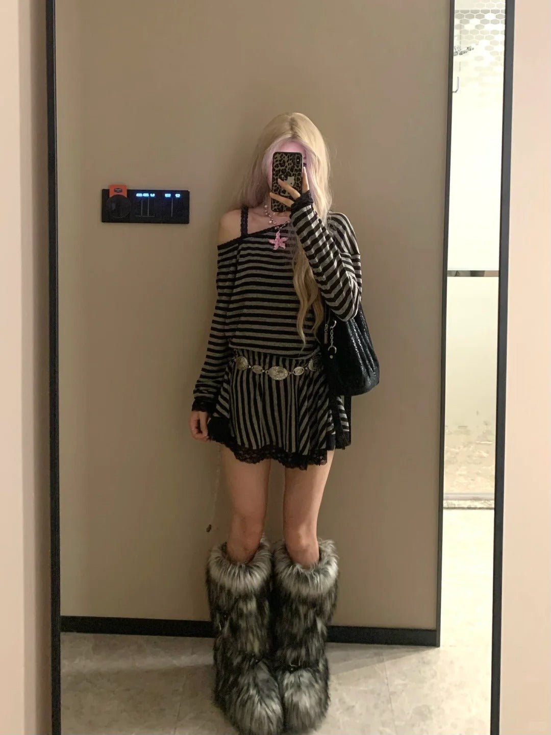 Black Striped Off Shoulder Long Sleeve Top and Lace Mini Skirt Y2K Two Piece Sets - tutufox -