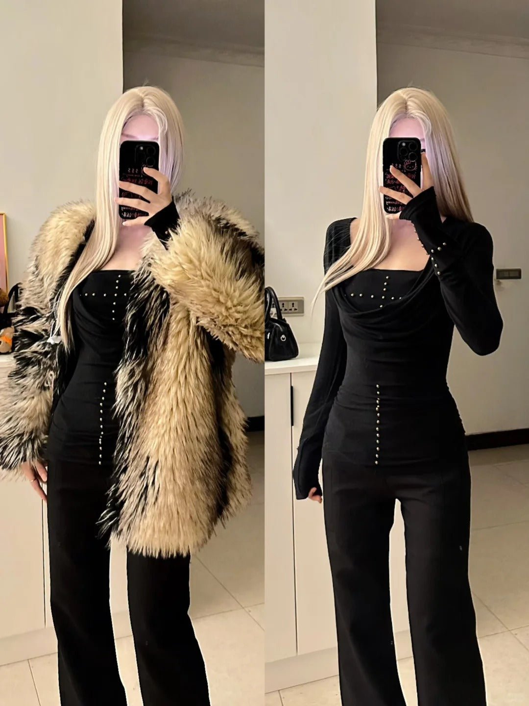 Black Studded Jumpsuit and Brown Fur Coat Y2K Outfit - tutufox -