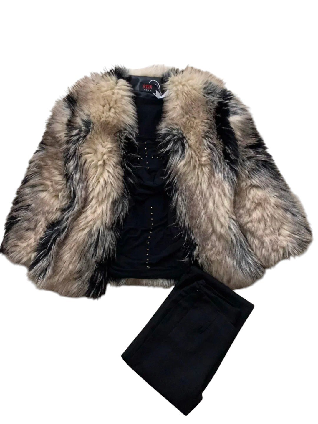 Black Studded Jumpsuit and Brown Fur Coat Y2K Outfit - tutufox -