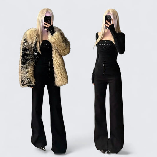 Black Studded Jumpsuit and Brown Fur Coat Y2K Outfit - tutufox -