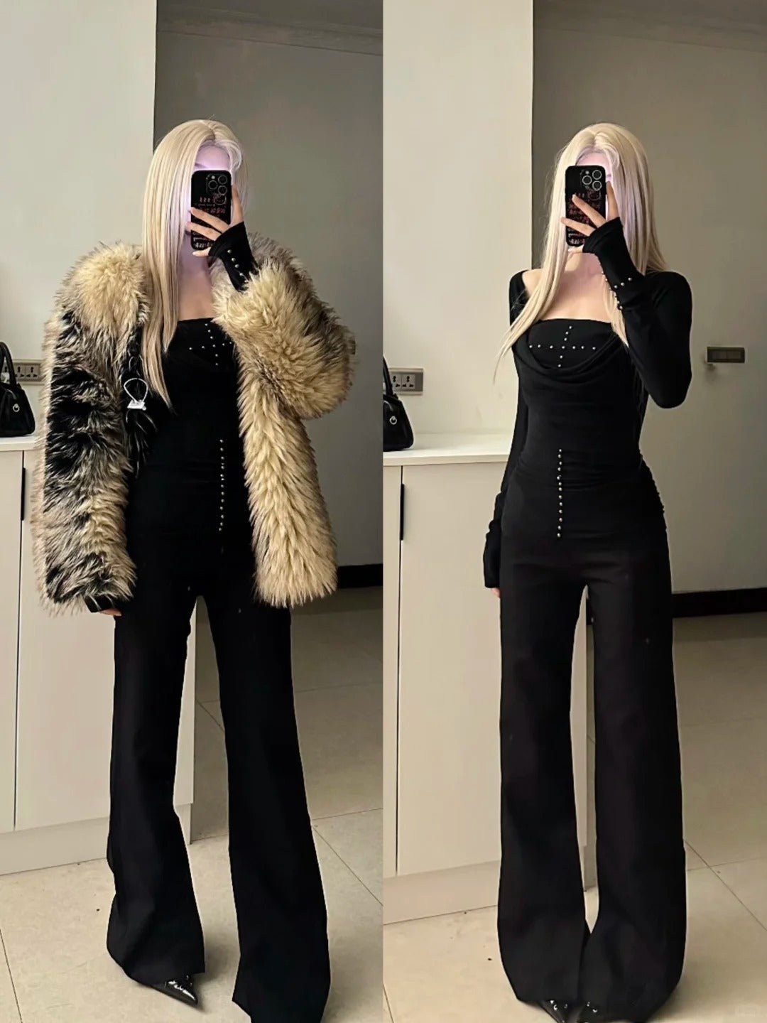 Black Studded Jumpsuit and Brown Fur Coat Y2K Outfit - tutufox -