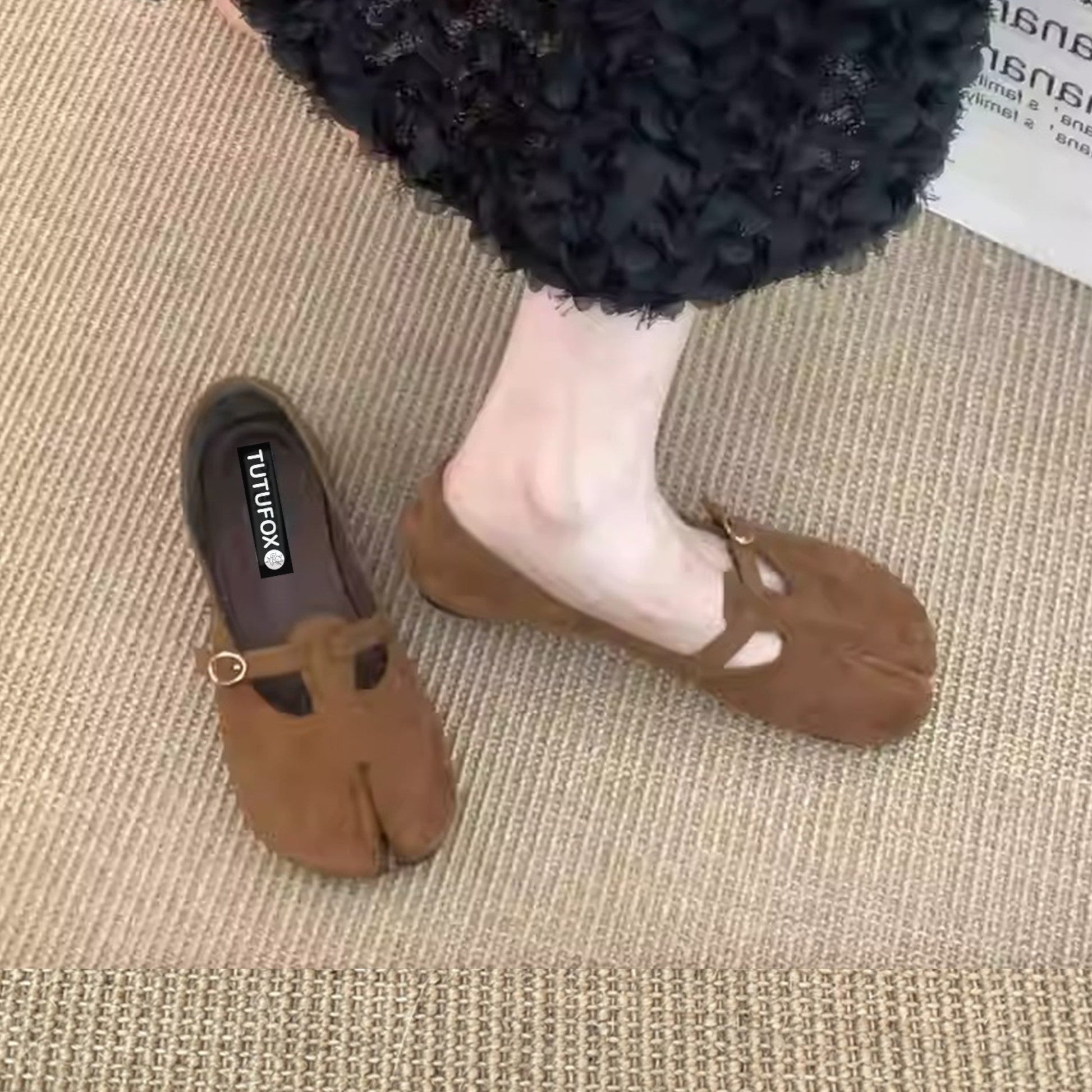 Black Suede Mule Split - Toe Flat Shoes Tabi - tutufox - tabis