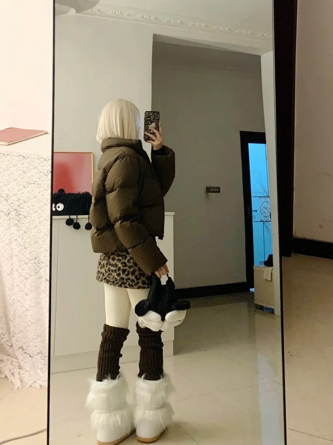 Black Top with Brown Short Down Jacket and Leopard Mini Skirt Y2K Outfit - tutufox -