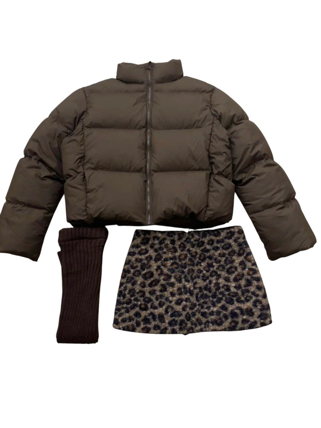 Black Top with Brown Short Down Jacket and Leopard Mini Skirt Y2K Outfit - tutufox -