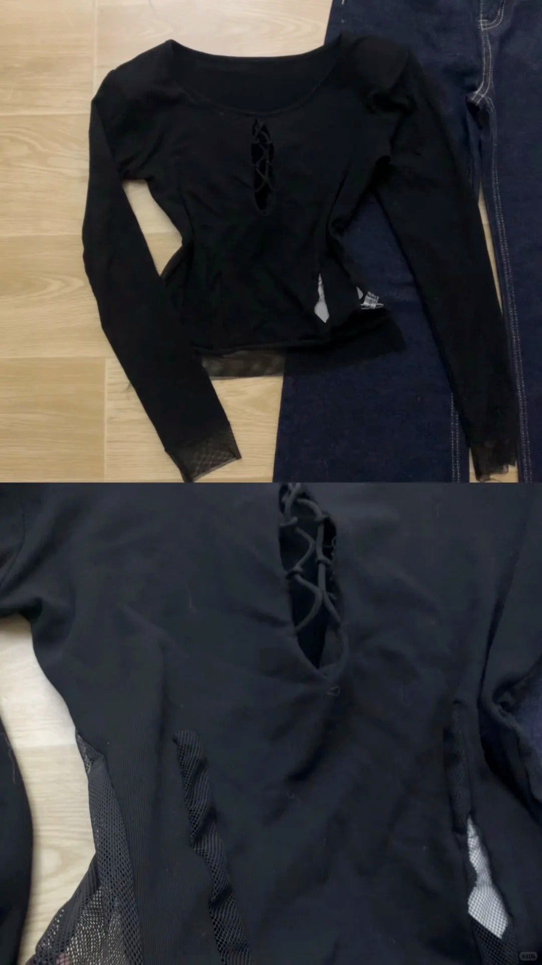 Black Top with Fur Coat and Blue Flared Jeans Y2K Outfit - tutufox -