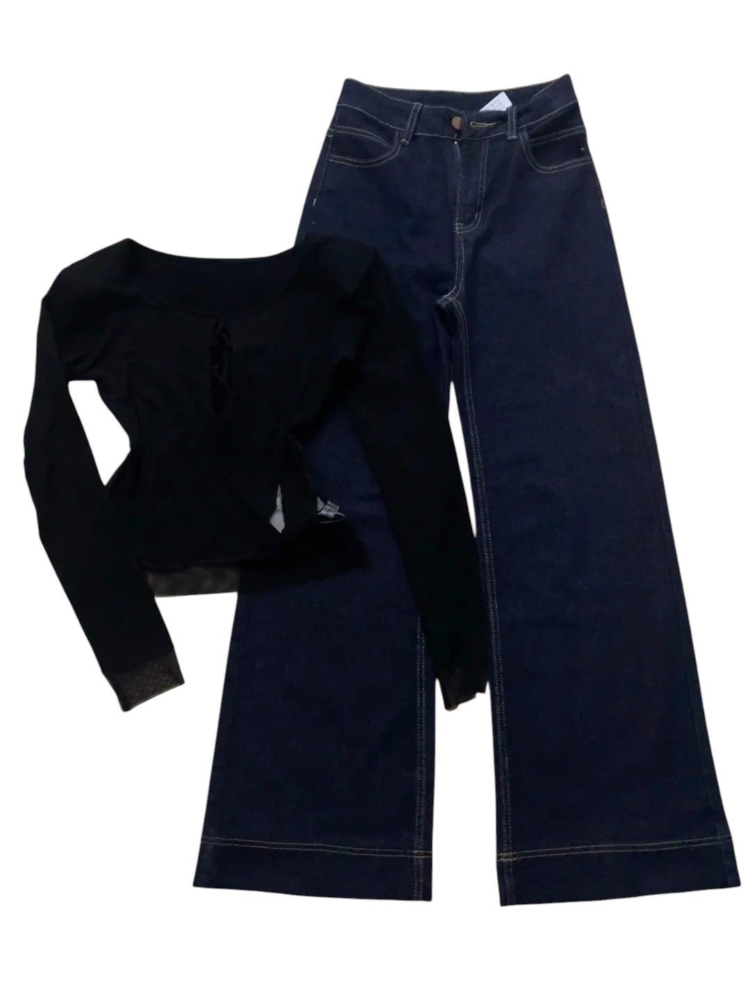 Black Top with Fur Coat and Blue Flared Jeans Y2K Outfit - tutufox -