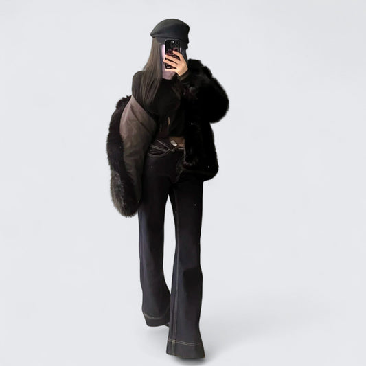 Black Top with Fur Coat and Blue Flared Jeans Y2K Outfit - tutufox -