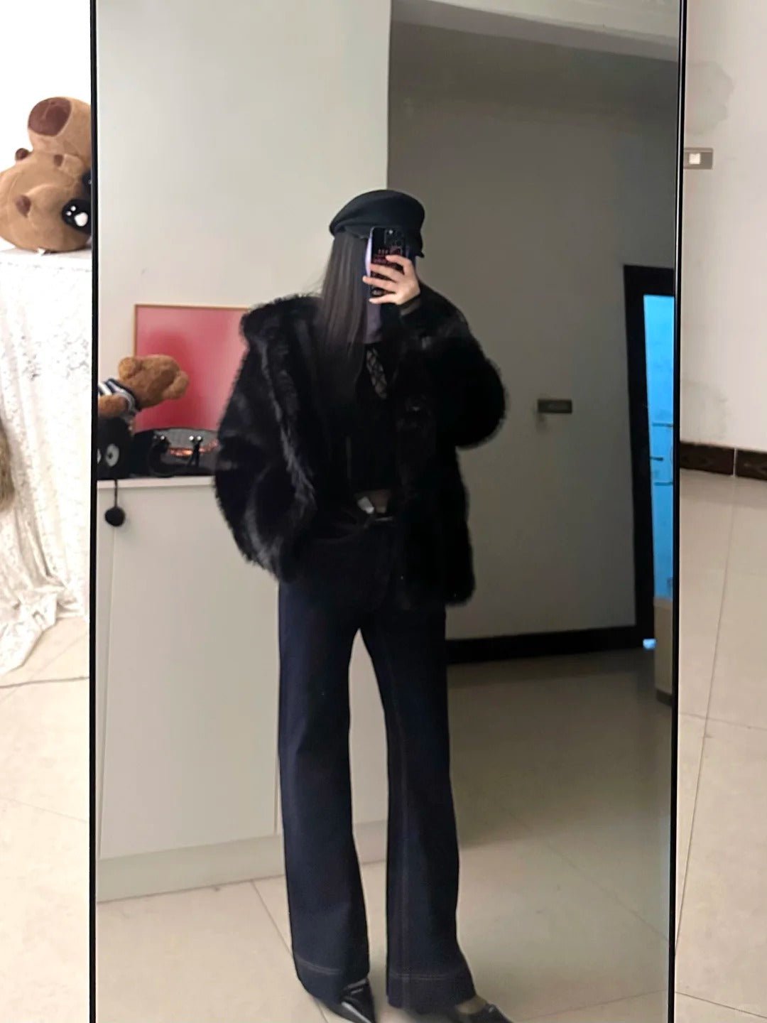 Black Top with Fur Coat and Blue Flared Jeans Y2K Outfit - tutufox -