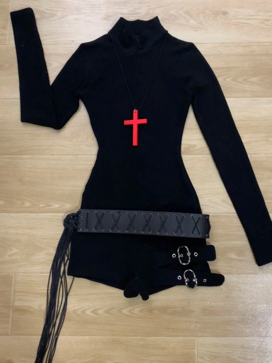 Black Turtleneck Long Sleeve Top and Decorative Mini Denim Shorts Y2K Two Piece Sets - tutufox -