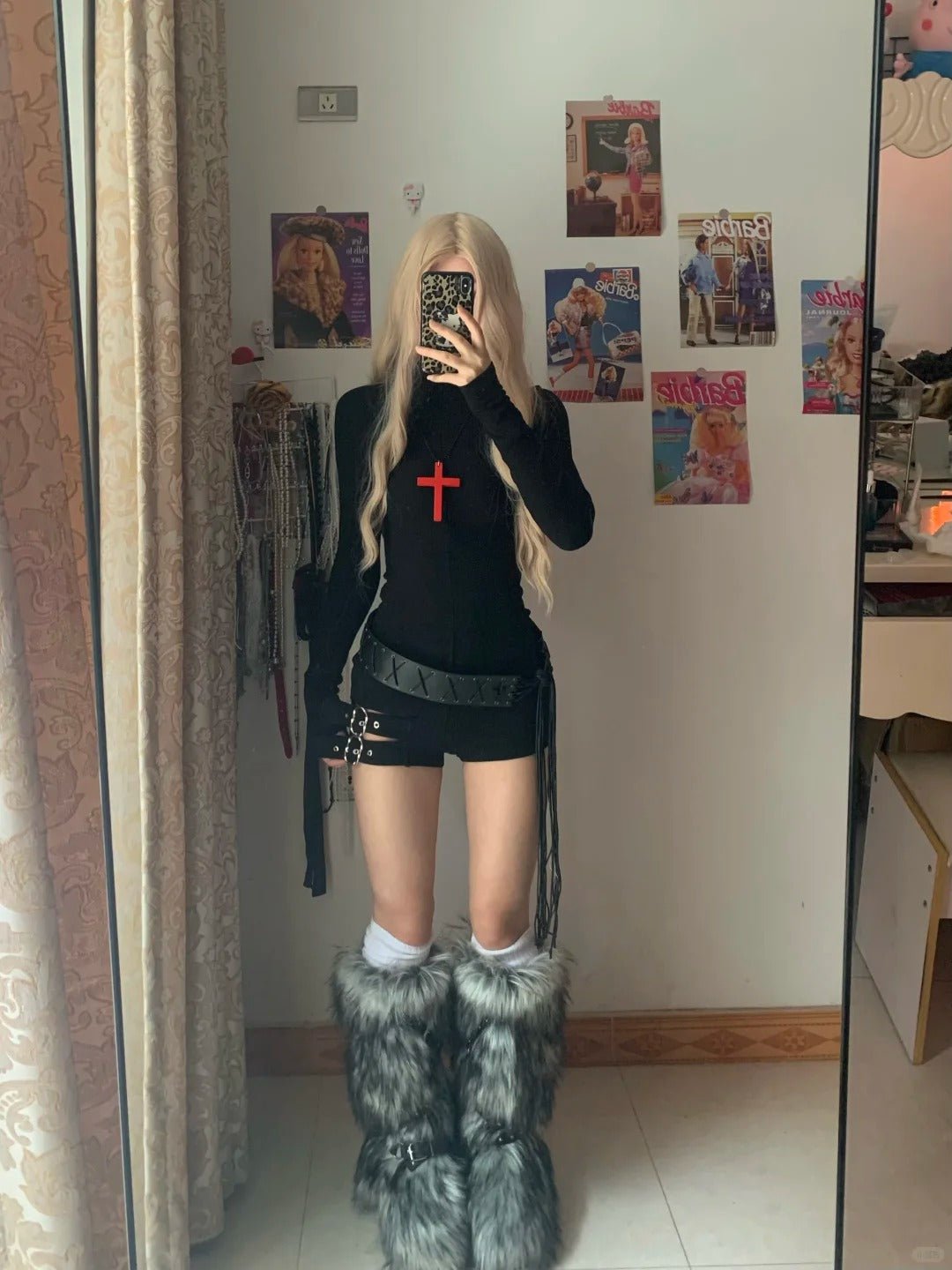 Black Turtleneck Long Sleeve Top and Decorative Mini Denim Shorts Y2K Two Piece Sets - tutufox -