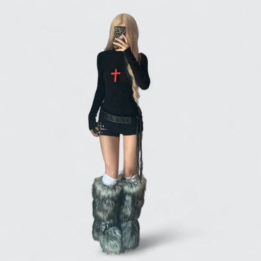 Black Turtleneck Long Sleeve Top and Decorative Mini Denim Shorts Y2K Two Piece Sets - tutufox -