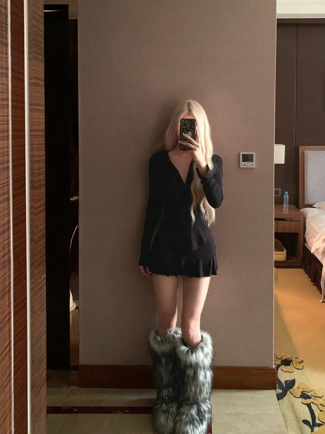 Black V - Neck Long Sleeve And Black Pleated Skirt Y2K Two Pieces Sets - tutufox -