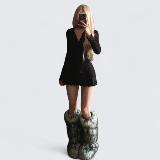 Black V - Neck Long Sleeve And Black Pleated Skirt Y2K Two Pieces Sets - tutufox -