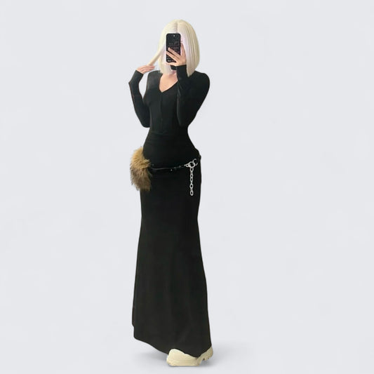 Black V - Neck Long Sleeve Dress Y2K Minimal - tutufox -