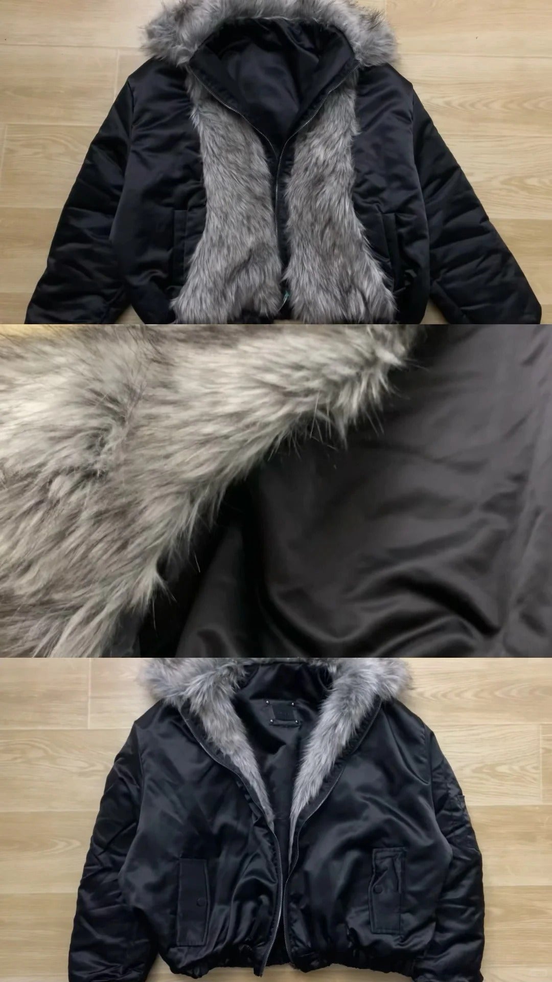 Black V - Neck Top and Shorts with Fur Collar Coat Y2K Outfit - tutufox -