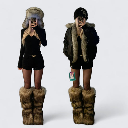 Black V - Neck Top and Shorts with Fur Collar Coat Y2K Outfit - tutufox -