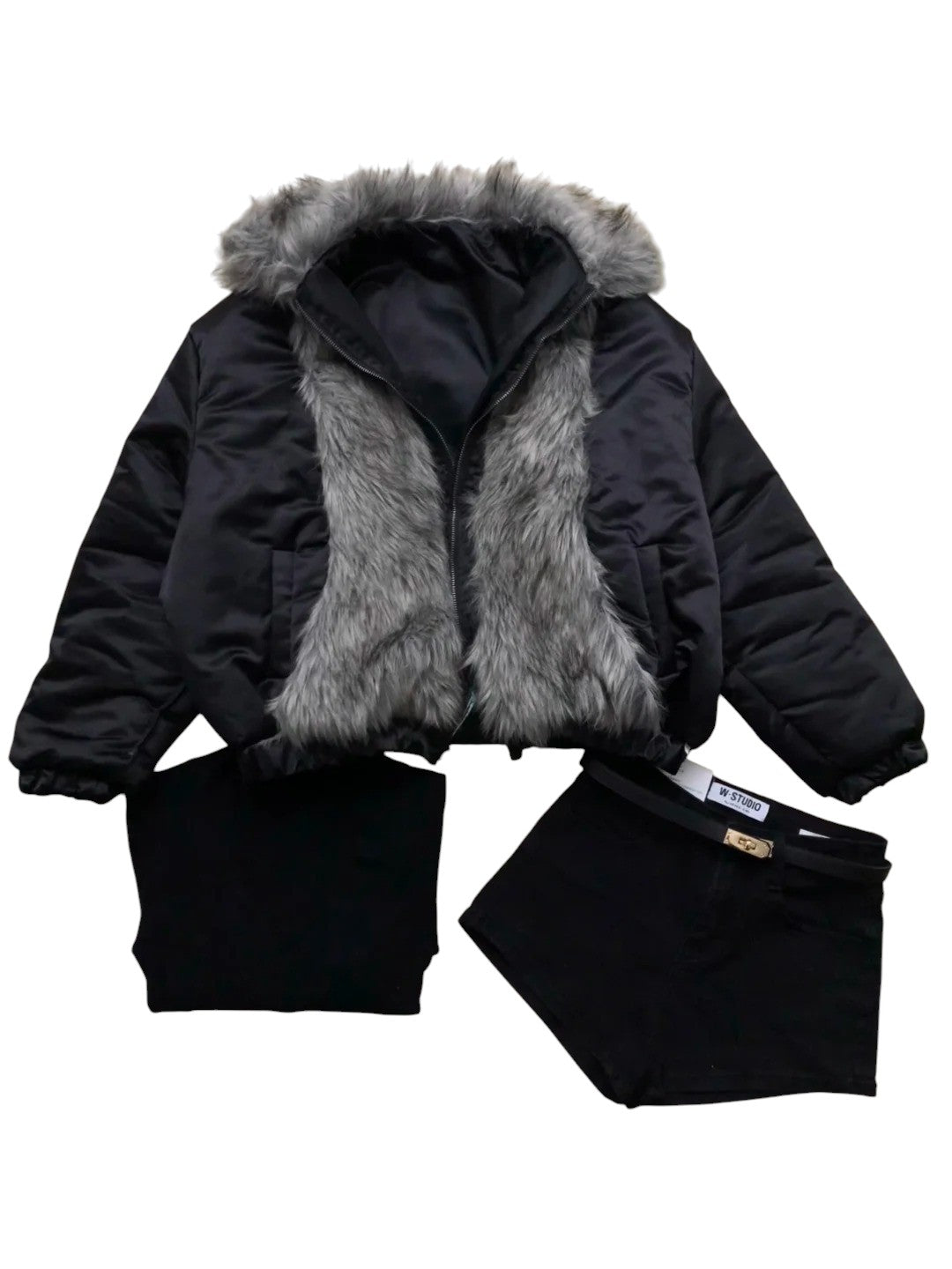 Black V - Neck Top and Shorts with Fur Collar Coat Y2K Outfit - tutufox -