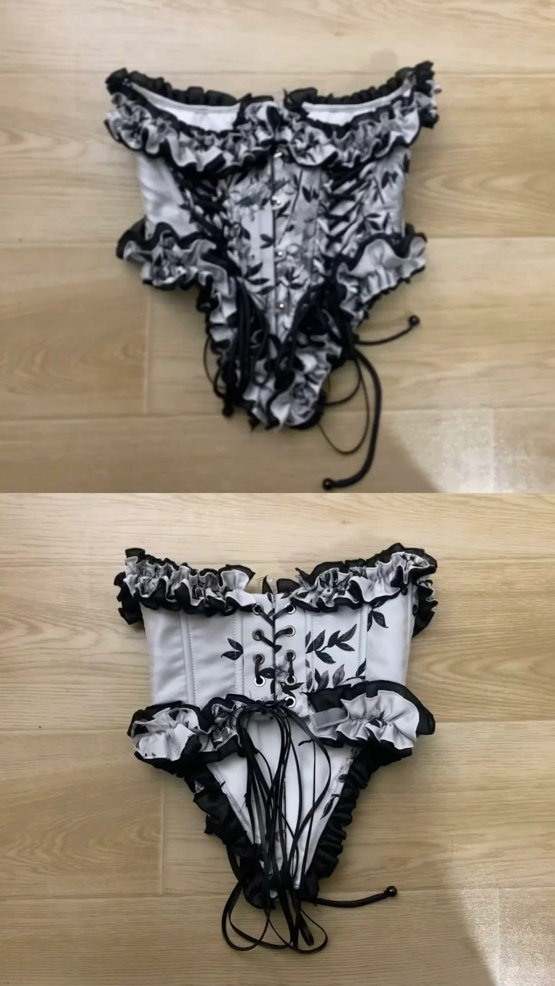 Black White Floral Bustier Midi Dress with Black Long Sleeve Inner Y2K Dress - tutufox -