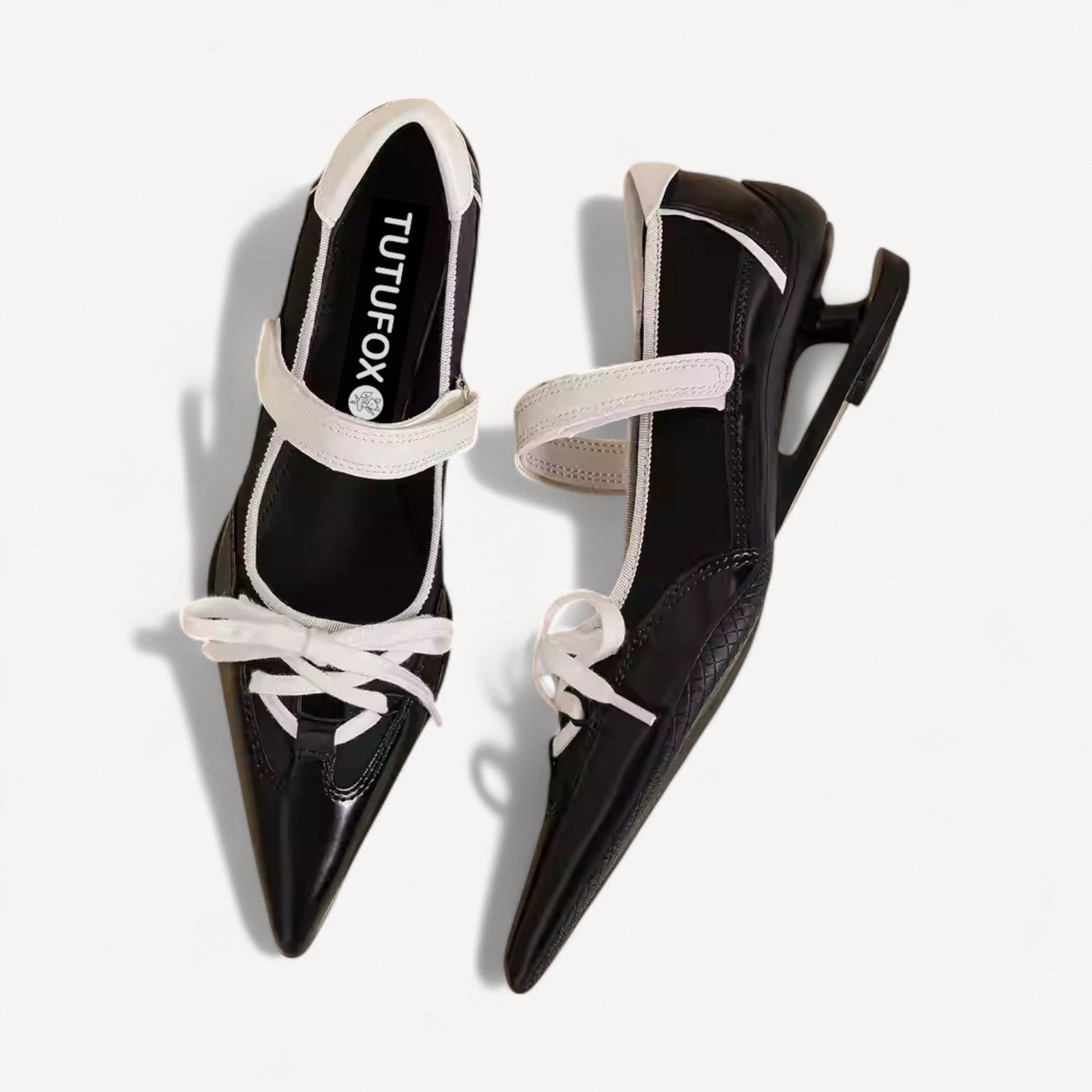 black white pointed toe lace up flats heel detail