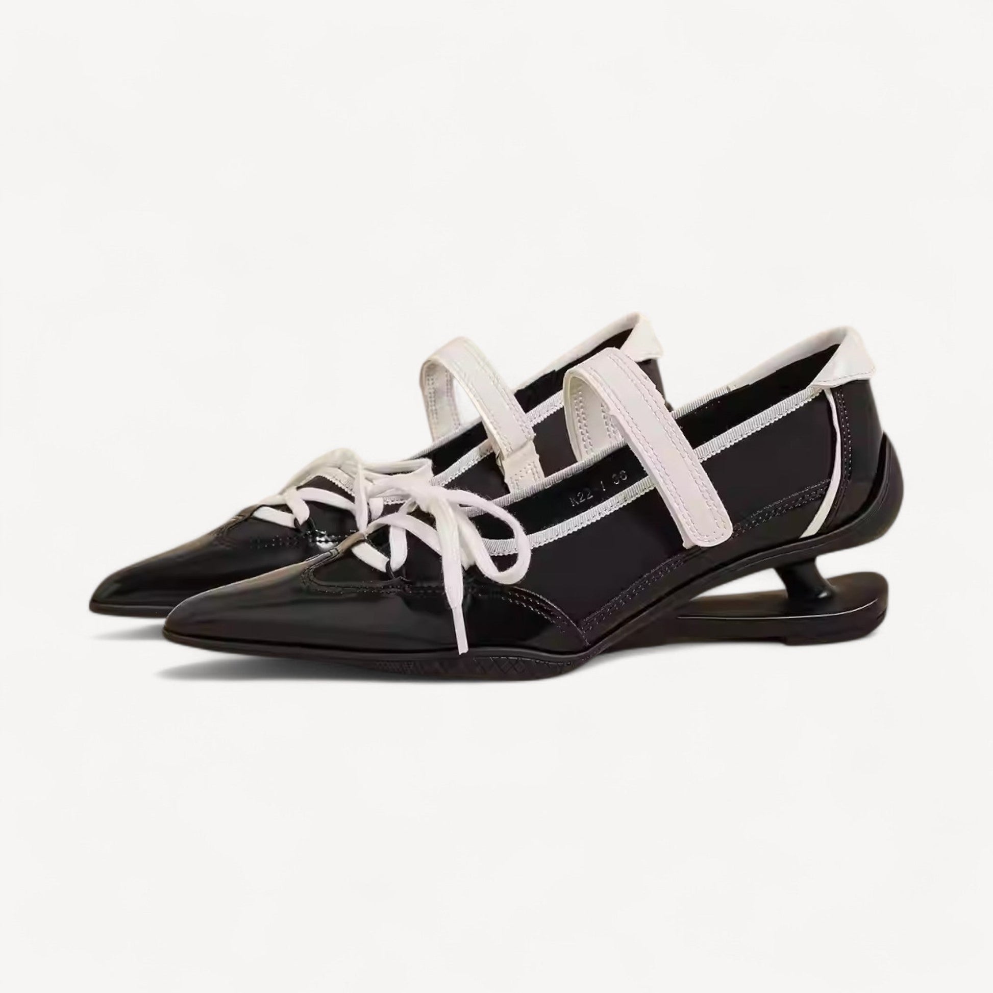 black white pointed toe lace up flats oblique view