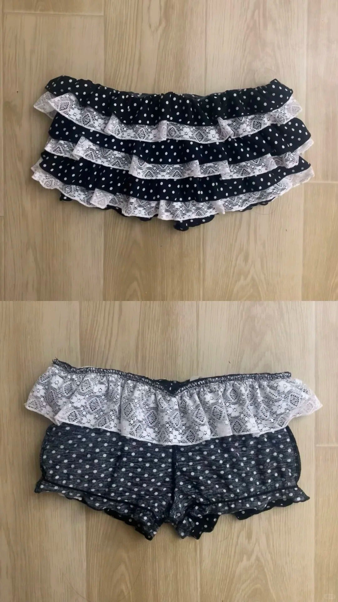 Black White Polka Dot Tie Top and Lace Layered Mini Skirt Y2K Two Piece Sets - tutufox -