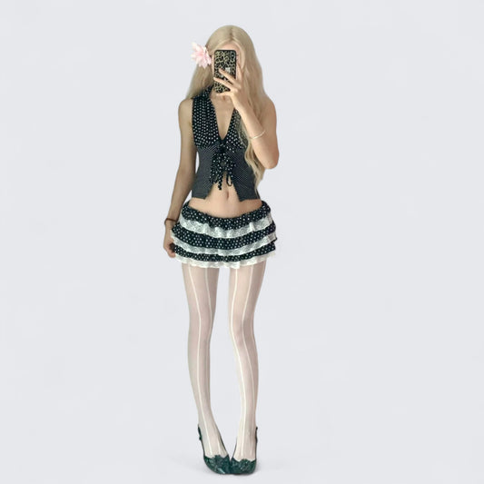 Black White Polka Dot Tie Top and Lace Layered Mini Skirt Y2K Two Piece Sets - tutufox -