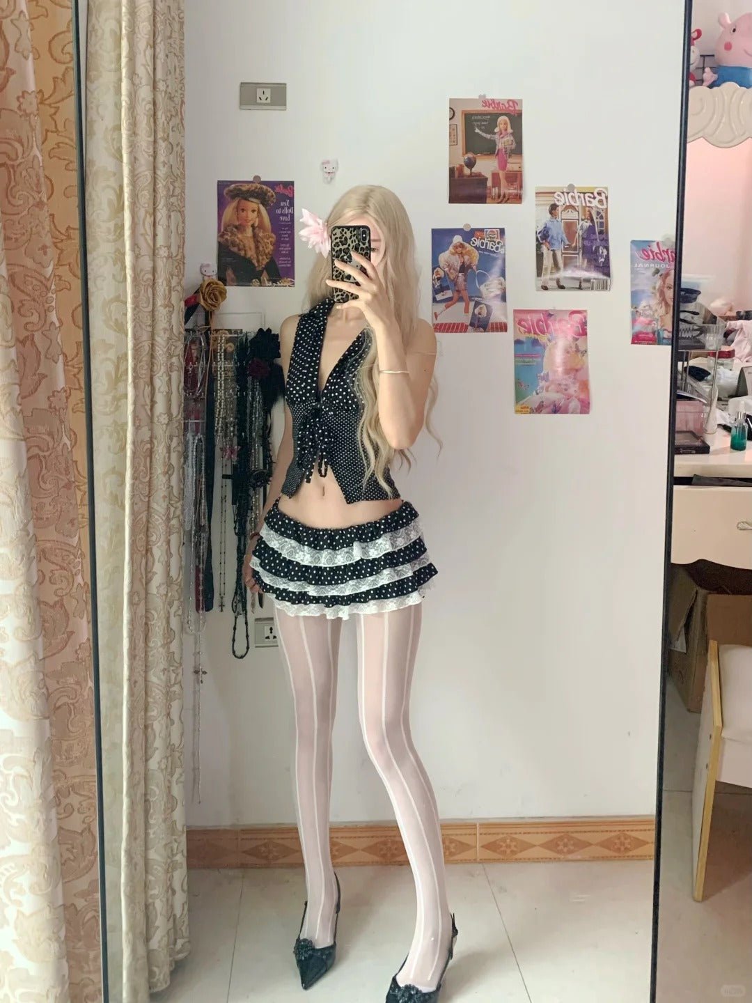 Black White Polka Dot Tie Top and Lace Layered Mini Skirt Y2K Two Piece Sets - tutufox -