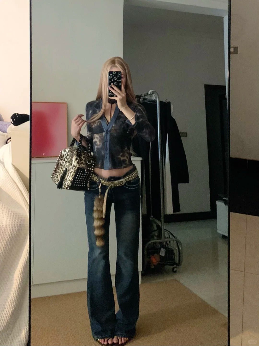 Blue Black Leopard Print Long Sleeve Crop Top and Dark Blue Flared Jeans Y2K Two Pieces Sets - tutufox -